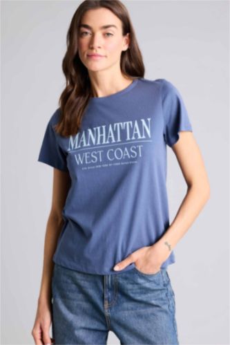 FEMME Indigo Clair T-shirt à col rond avec slogan imprimé Coupe régulière