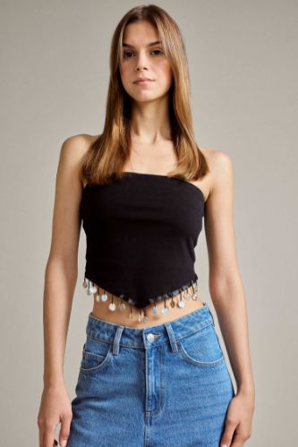 Straplez Boncuk Detaylı Bluz