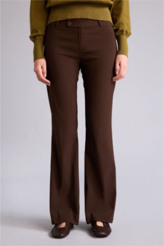 Kadın Kahve Flare Fıt Fermuarlı Normal Bel Bengalin Pantolon