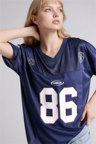 WOMAN NAVY Oversize Fit Printed Short Sleeves T-shirt