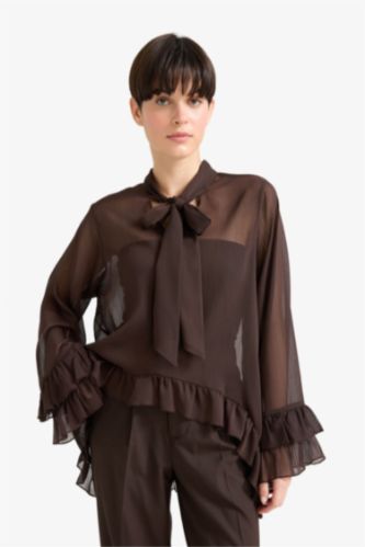 Overshirt Fit Fiyonk Yaka Şifon Uzun Kollu Bluz