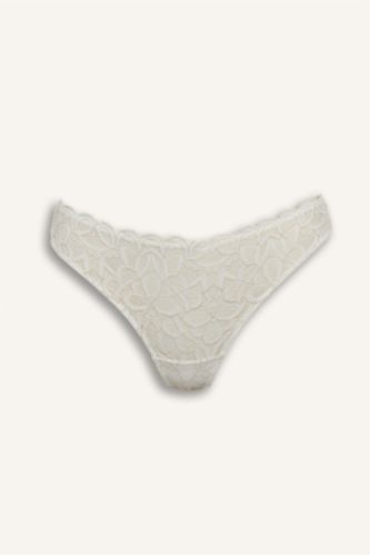 Kadın Kırık Beyaz Dantelli Simli Dantel Brazilian Külot