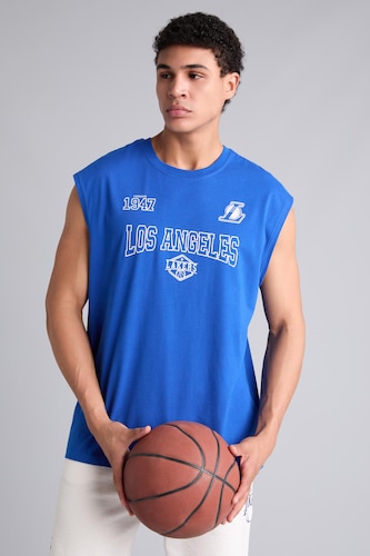Men Royal Oversize Fit NBA Los Angeles Lakers Crew Neck 100% Cotton Tank Top