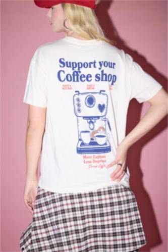 Woman Ecru Printed Crew Neck Short Sleeves T-Shirt