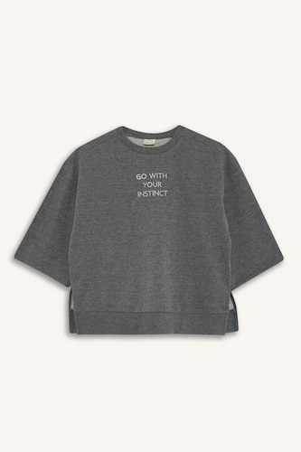 Oversize Geniş Kalıp Bisiklet Yaka Baskılı Sweatshirt Kız Çocuk