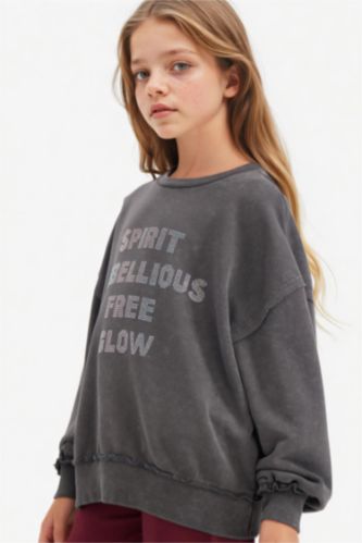 Oversize Geniş Kalıp Bisiklet Yaka Baskılı Sweatshirt Kız Çocuk