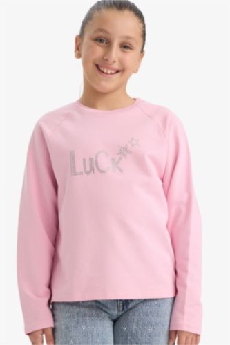 Kız Çocuk Oversize Geniş Kalıp Bisiklet Yaka Taşlı Sweatshirt