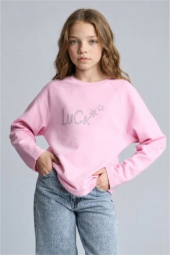 Kız Çocuk - Genç Kız Açık Pembe Oversize Geniş Kalıp Bisiklet Yaka Taşlı Sweatshirt Kız Çocuk