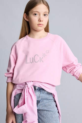 Kız Çocuk - Genç Kız Açık Pembe Oversize Geniş Kalıp Bisiklet Yaka Taşlı Sweatshirt Kız Çocuk