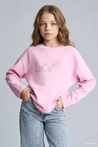 Girl Crew Neck Stoned Oversize Sweatshirt