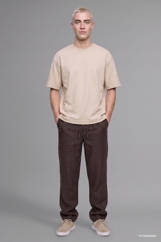 Men Brown Elastic Waist 100% Cotton Brown Baggy Trousers