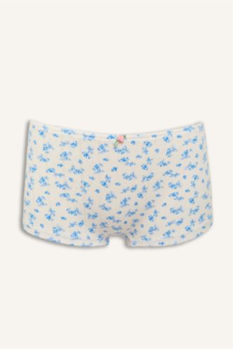 Kadın Kırık Beyaz Çiçekli Bağcıklı Pamuklu Boxer