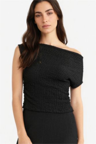 نساء أسود Slim Fit One Shoulder Crepe Blouse