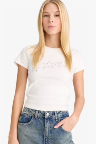 Fitted Star Patterned Ribbed Short Sleeve T-Shirt