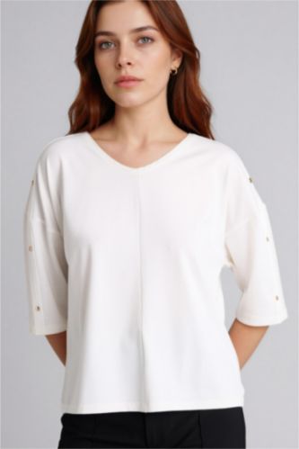 WOMAN Ecru Relax Fit V-Neck Long Sleeve T-Shirt