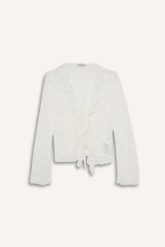 Fitted V Yaka Önden Bağlamalı Dantel Uzun Kollu Bluz