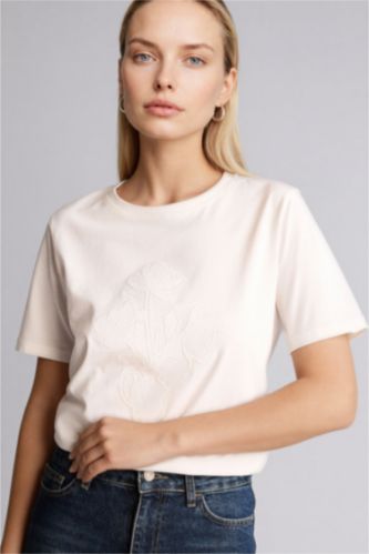WOMAN Ecru Regular Fit Crew Neck Patterned Cotton T-Shirt