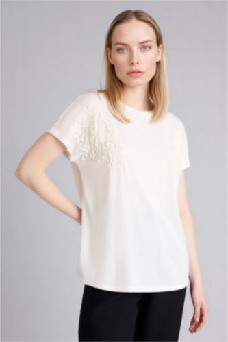 Женщины Бежевый Футболка Relax Fit с круглым вырезом коротким рукавом и объемным принтом