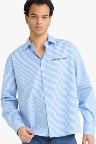 Boxy Fit Printed Striped Woven Long Sleeve Shirt