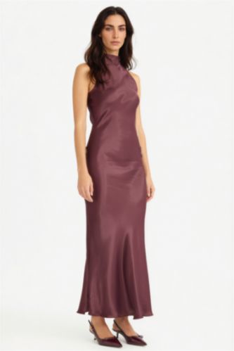 Woman Bordeaux Regular Fit Satin Maxi Dress