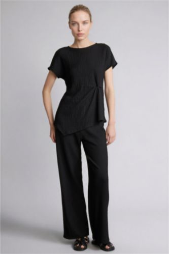 نساء أسود بنطرون القماش المنسوج قصة مستقيمة برجل عادي