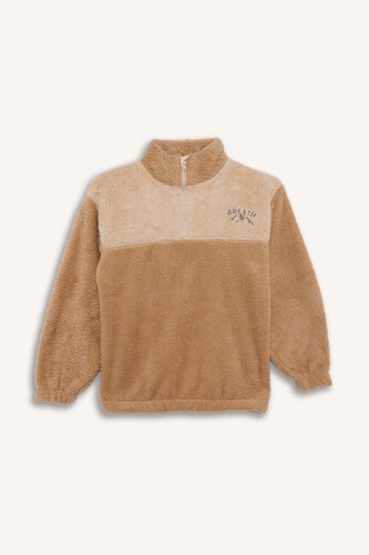 Fermuarlı Yaka Nakışlı Pelüş Sweatshirt Erkek Çocuk