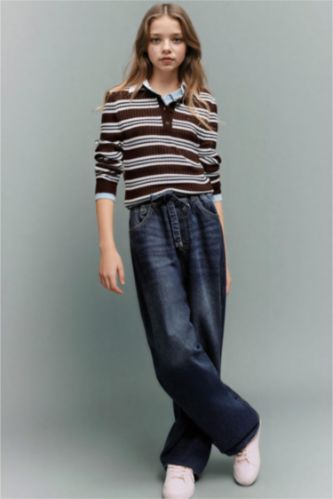 بنات أزرق بنطرون جينز بناتي باجي فيت بخصر مطاطي