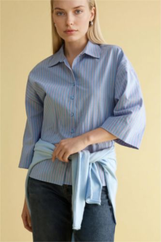 WOMAN Light Blue Relax Fit Shirt Collar Poplin Long Sleeve Shirt