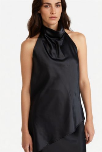 FEMME Noir Blouse sans manches en satin à col bénitier Coupe régulière