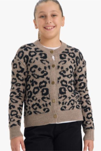 Kız Çocuk Leopar Desenli Düğmeli Hırka 