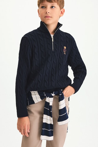 Boy Half-Zip Knit Bear Print Pullover