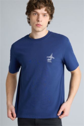 Erkek Lacivert Regular Fıt Baskılı Kısa Kollu Tişört