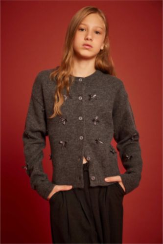 Kız Çocuk Bisiklet Yaka Fiyonklu Düğmeli Hırka