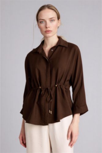 Kadın Kahve Relax Fıt Gömlek Yaka Uzun Kollu Gömlek