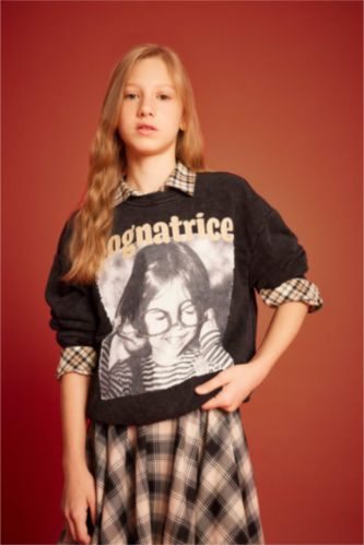 Kız Çocuk Oversize Geniş Kalıp Bisiklet Yaka Baskılı Sweatshirt