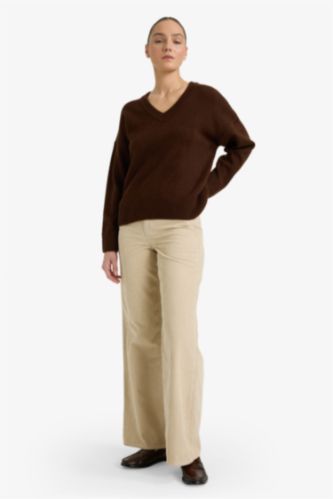 Wide Leg Çift Cepli Yüksek Bel Geniş Paça Kadife Pantolon