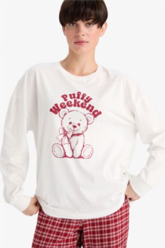 Regular Fit Bisiklet Yaka Baskılı Uzun Kollu Pijama Üstü-Fall in Love