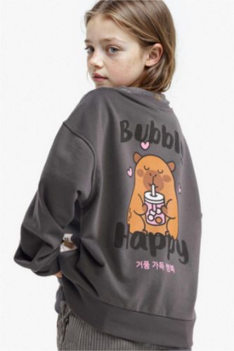 Kız Çocuk Oversize Geniş Kalıp Bisiklet Yaka Sırt Baskılı Sweatshirt