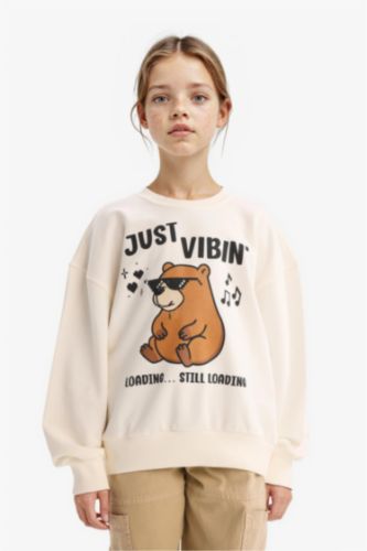 Kız Çocuk Relax Fit Bisiklet Yaka Baskılı Sweatshirt 