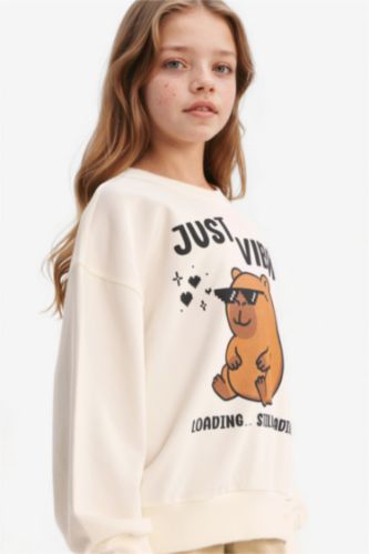 Relax Fit Bisiklet Yaka Baskılı Sweatshirt Kız Çocuk