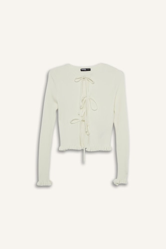 Slim Fit Dar Kesim Bisiklet Yaka Önden Bağlamalı Hırka