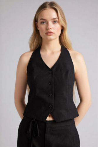 Женщины Черный Жилет из льна для женщин