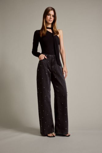 Relax Fit Geniş Paça Taşlı Jean Pantolon