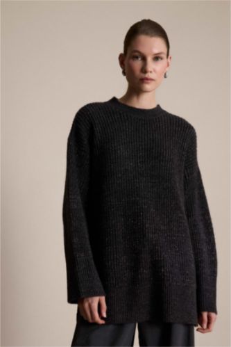 Loose Fit Bisiklet Yaka Simli Kumaş Triko Kazak Tunik