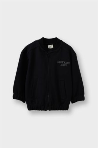 Boy Printed Mandarin Collar Zippered Cardigan