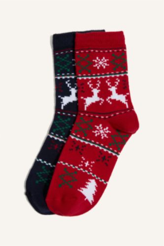 Kız Çocuk Yılbaşı Temalı 2'li Pamuklu Uzun Çorap