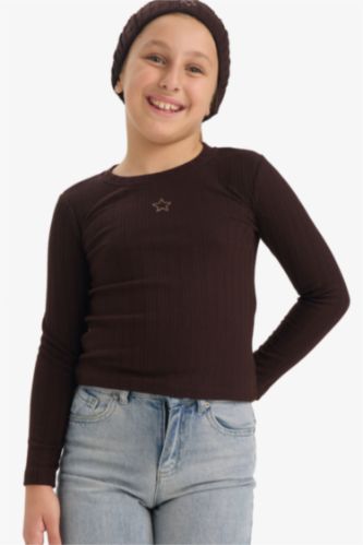 Kız Çocuk Slim Fit Dar Kesim Yıldızlı Fitilli Kaşkorse Uzun Kollu Tişört 