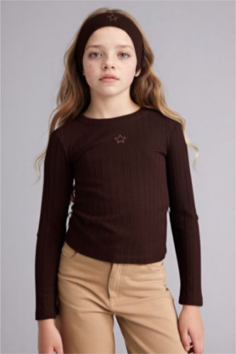 Kız Çocuk - Genç Kız Kahve Slim Fit Dar Kesim Yıldızlı Fitilli Kaşkorse Uzun Kollu Tişört Kız Çocuk