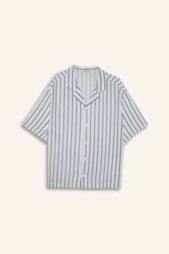 Erkek Beyaz Boxy Fıt Apaş Yaka Çizgili Kısa Kollu Gömlek