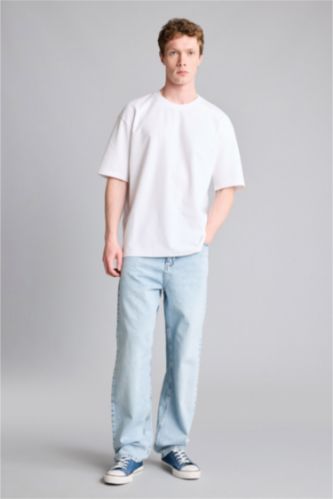 Erkek Açık Mavi Yumuşak Dokulu Baggy Fit Pantolon